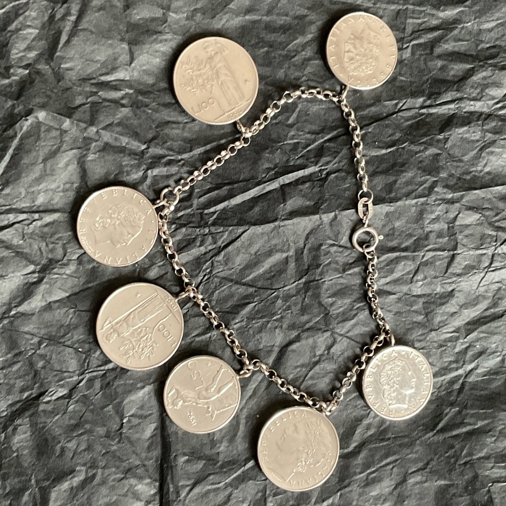 14K REAL WHITE GOLD MADE IN ITALY BRACELET WITH 7 SILVER TONE COIN CHARM 8 INCH